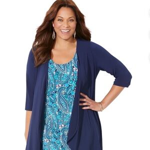 Blue Paisley Dress with Navy Cardigan
